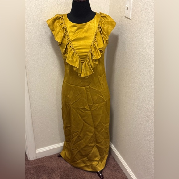 Anthropologie Dresses & Skirts - Anthropologie Seen Worn Kept Satin Ruffle Midi Dress Sleeveless Gold Yellow 2